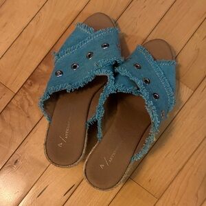 Anthropologie Blue Frayed Slide Sandals